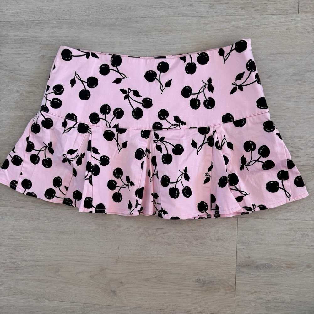 Playful Cherry Print Pink Ruffle Mini Skirt